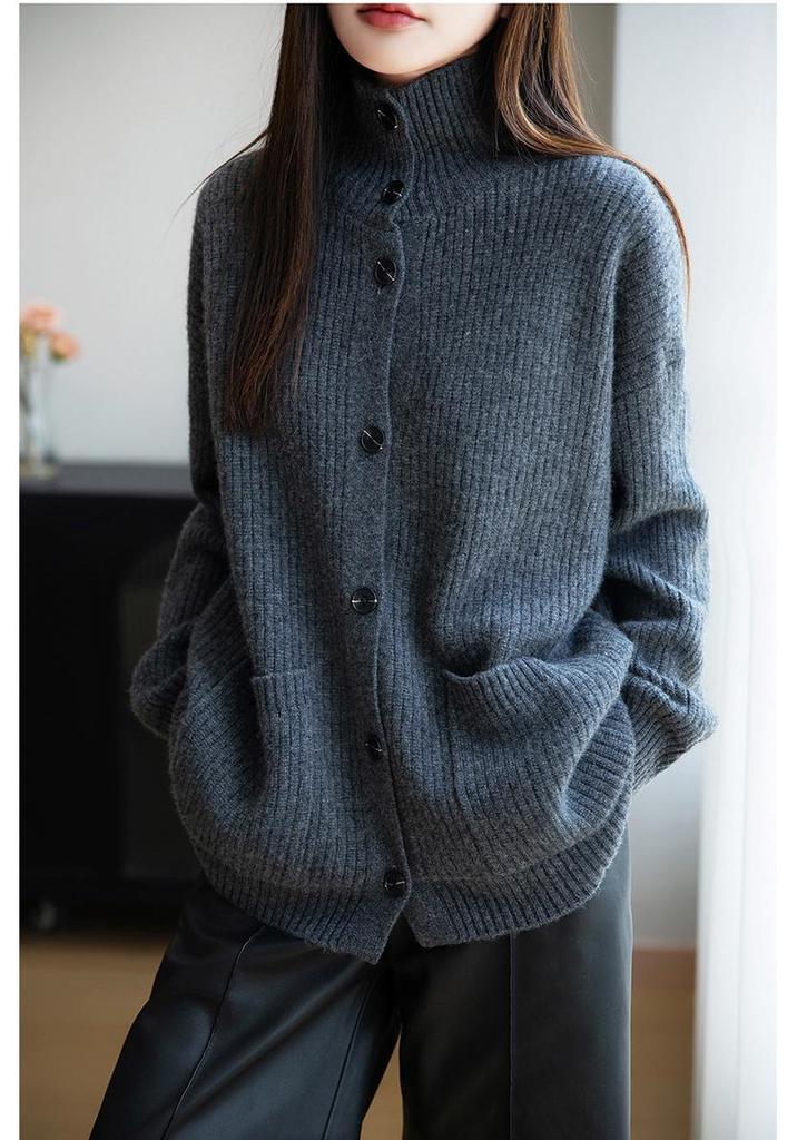 Women's Korean Style Wool Cardigan: Autumn/Winter Half-High Neck Button-Up Knit Sweater