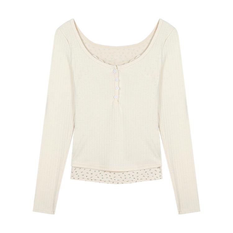 Pure Desire Lace Low-necked T-shirt Women's Early Spring Break Two Bm Floral Bottoming Shirt with Short Top Inside