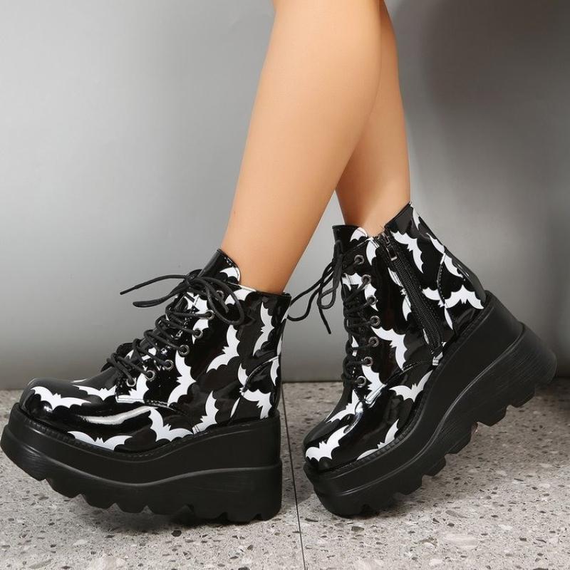 New Women's Boots Sponge Cake Thick Soled Patent Leather Short Boots Women's Printed Bat Ankle Boots Plus Size 35-43