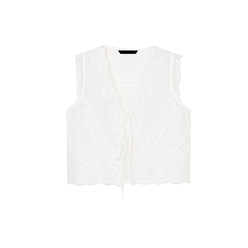 Spring and Summer New Women's Clothing Minimalist Wind Easiest for Match Bows Cotton Blend Embroidered V-neck Sleeveless Tops 0881017