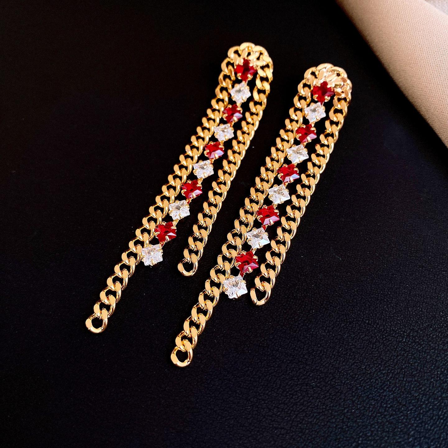 18k real gold electroplated zircon chain fringed earrings, earrings, court style retro earrings.