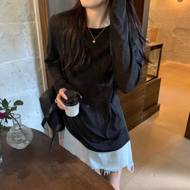 

Korean Style Loose and Lazy Style Thin Type Sunscreen Blouse Long Sleeves T-Shirt Women s Summer Casual Slightly Transparent Sexy round Neck Tops Black S