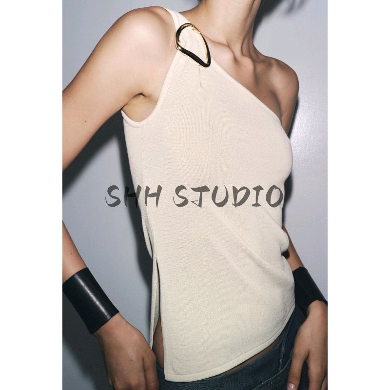 Summer New Women clothes Hem Side Slit Asymmetric Collar Gold-Plated Accessories Knitted Top 2756024