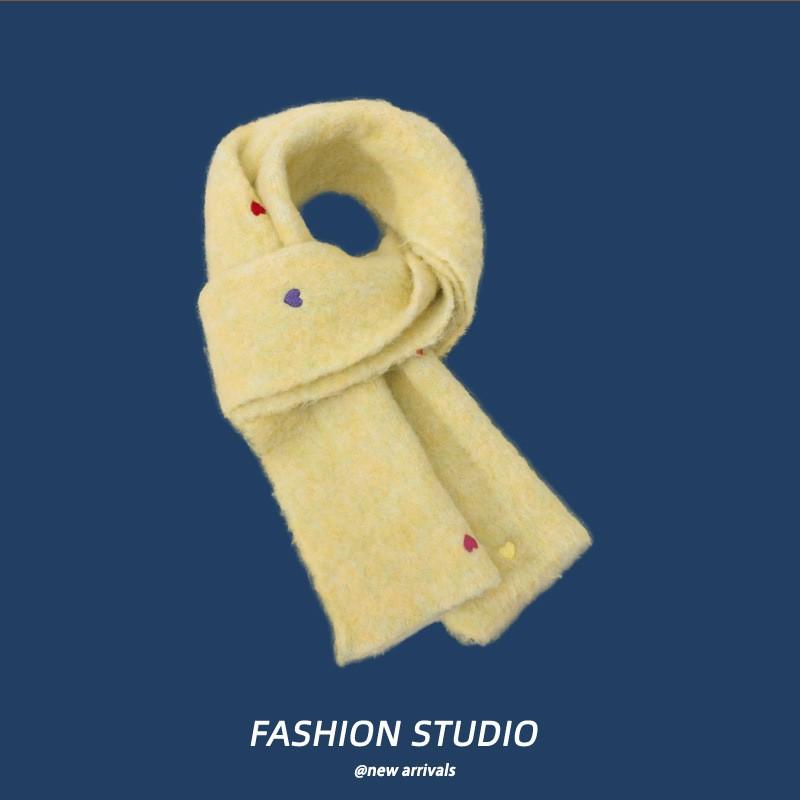 Warm Wool Fleece Scarf With Heart Embroidery Cross Neck Design Lightweight Cozy Winter Accessory Women