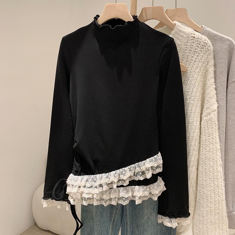 Autumn Long Sleeve Lace Fungus Base Women's Casual T-shirt Fashion Winter Long Sleeve Warm Tshirts Woman Stand Simple Slim Fit Ladies Tee Tops 25799