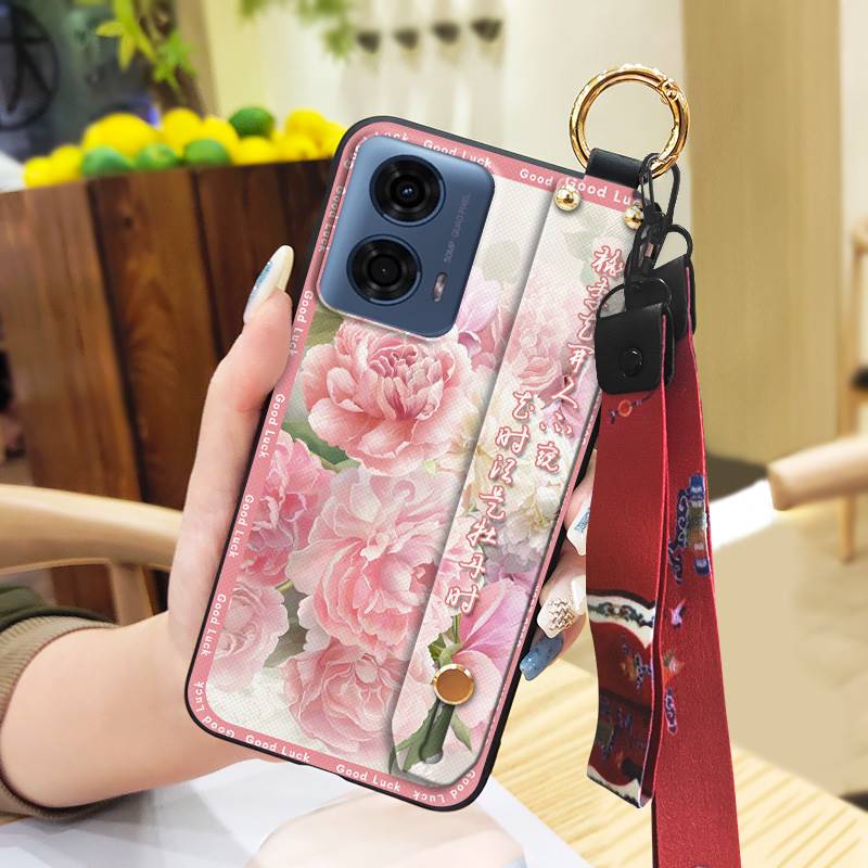 Anti-dust Wrist Strap Phone Case For MOTO G24 Power Lanyard For Mom Durable Wristband Fashion Kickstand Silicone Ring