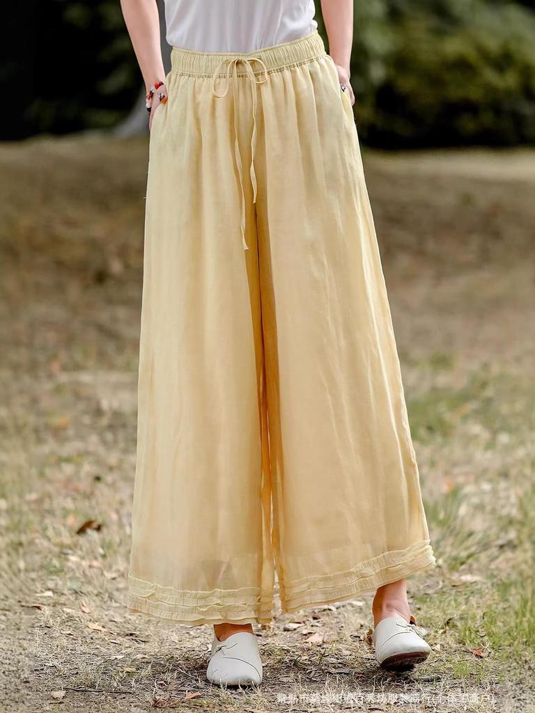 2026 Artistic Solid Color Ramie Wide-Leg Ruffle Pants - Elastic Waist, Double-Layer, Women’s Summer Casual Long Pants