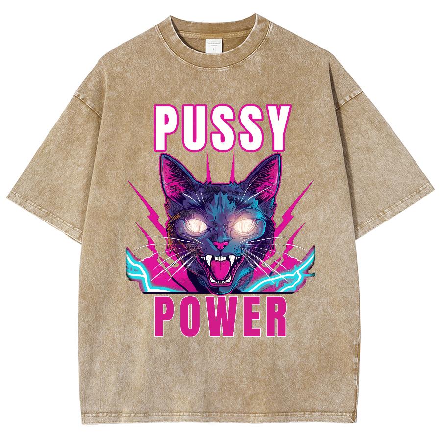 Pussy Power Cat Print dame T-skjorte vasket rund hals, kortermet Street Cool Top Unisex