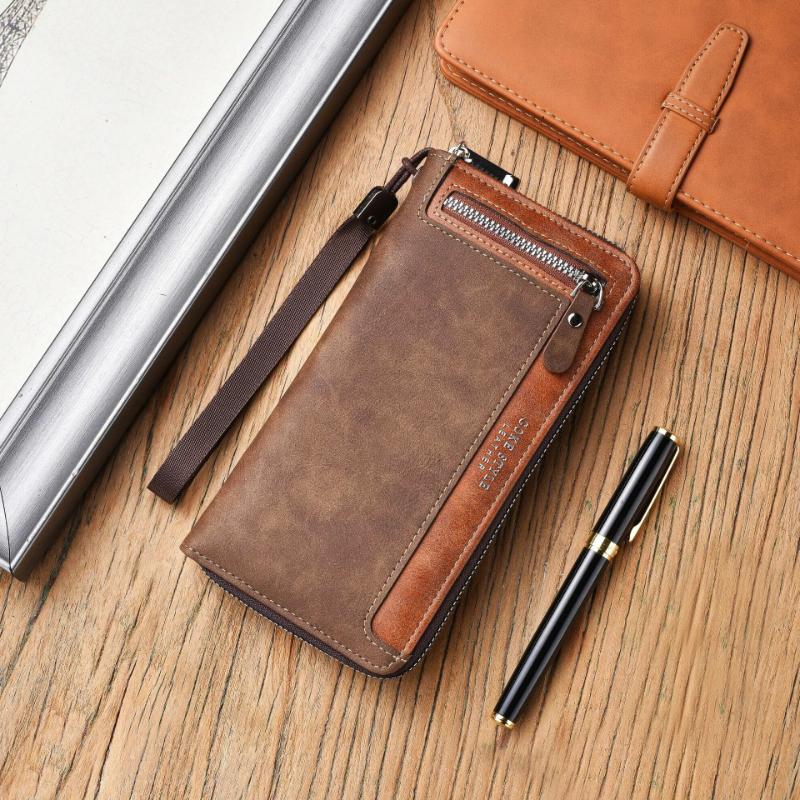 Portafoglio da Uomo Retro Lungo Grande Capacità Pelle Nabuk Fermasoldi Multi Posizione per Carte Borsa con Cerniera Borsa per ID Portamonete Multifunzionale