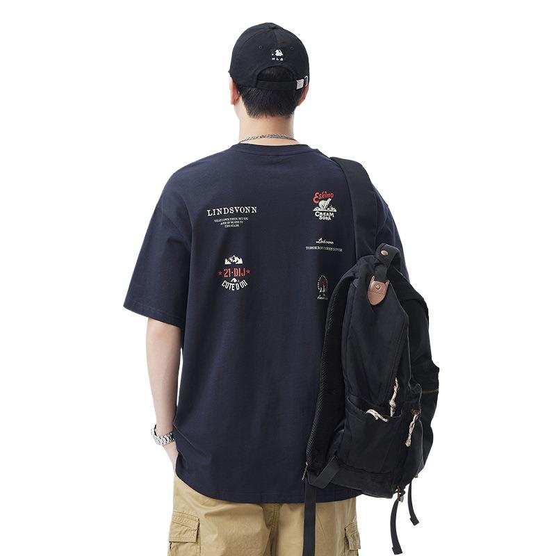 New Summer Japanese Printed 230g Pure Cotton Loose Round Neck T-shirt