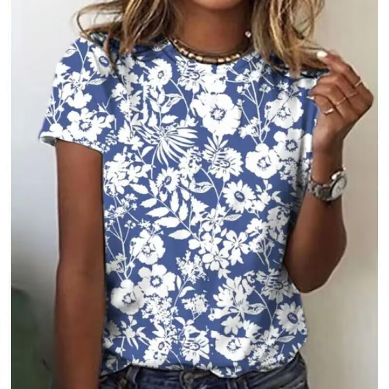 

New Women s Watercolor Floral & Cartoon Girl T-shirt, Round Neck Short Sleeve Artistic Casual Top XXS
