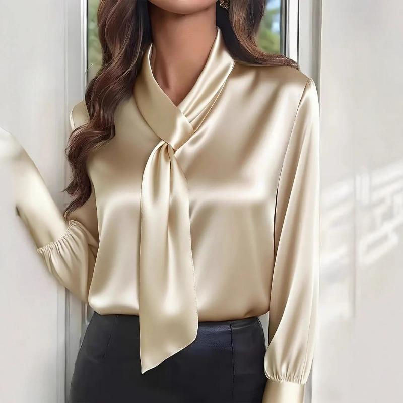 Autumn Ribbon Long-sleeved Shirt Women's Solid Color Fashionable Design Elegant Top