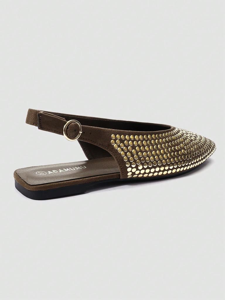 Women's ADAMUMU Black Pointed Toe Mary Jane Flats with Gold Sequin Embellishments & Slingback Buckle Design