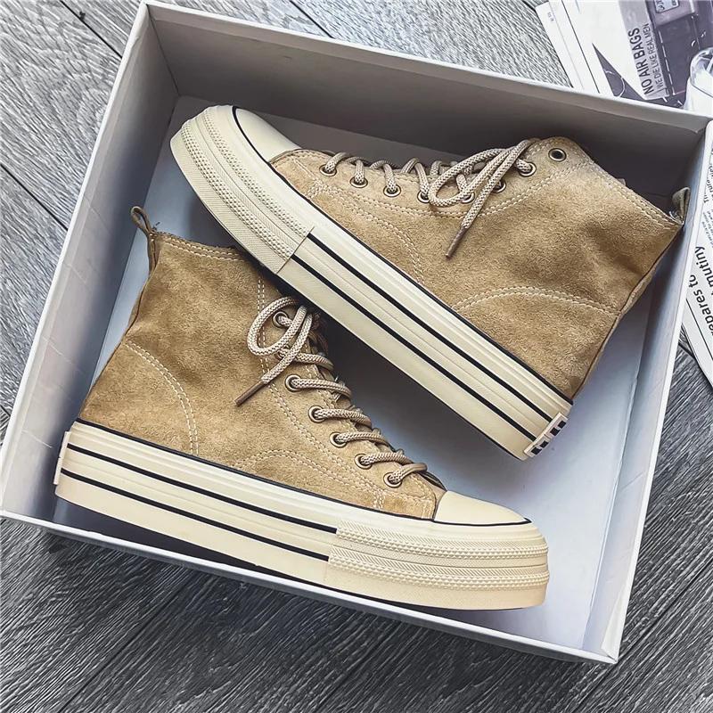 Fashion Men'S Shoes Trend Lace-Up High Top Shoes Mens Vulcanized Vintage Brown Couples Casual Sneakers Comfort Suede Thick Sole