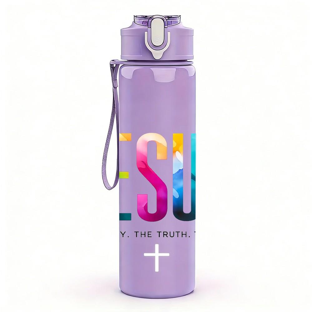 1PC Jesus Color Letter Logo Print 750ml Color Plastic Sports Water Bottle Leakproof Flip Straw Lid Suitable for Sports Office Home Use