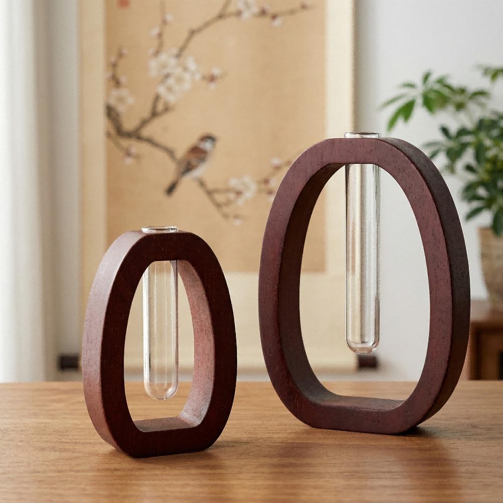 Wooden Hydroponic Flower Vase Home Decoration Desk Ornaments Glass Tube Vase Creative Design Minimalist Flower Holder
