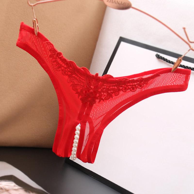 Women's Lace Briefs Ladies Exotic Open Crotch Panties Thongs Crotchless Pearl G-String Lingerie Sexy Underwear Massaging Beads