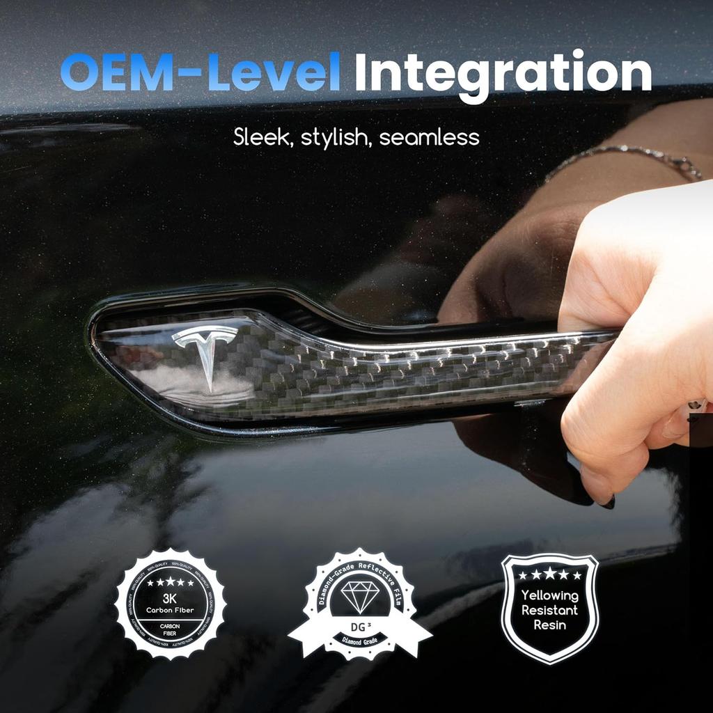 Polwlamks 4 Pack Door Handle Cover Fits Model Y/Model 3, Real Carbon Fiber 3D Handle Cover Sticker, Tesla Door Handle Protector Wrap Covers with 3M