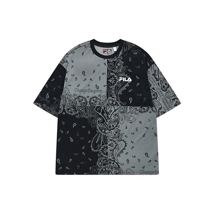 FILA Fusion Casual Cashew Flower Print Knitted Short Sleeve T-Shirt American Vintage Men tops Deep-Black T11M221103FBK