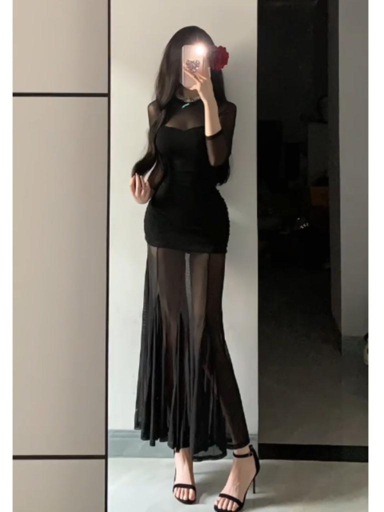 Royal Sister Style Sexy Black Slim-fitting Hip-wrapped Long Dress Niche High-end Sense Super Good-looking Women's Dress Spring