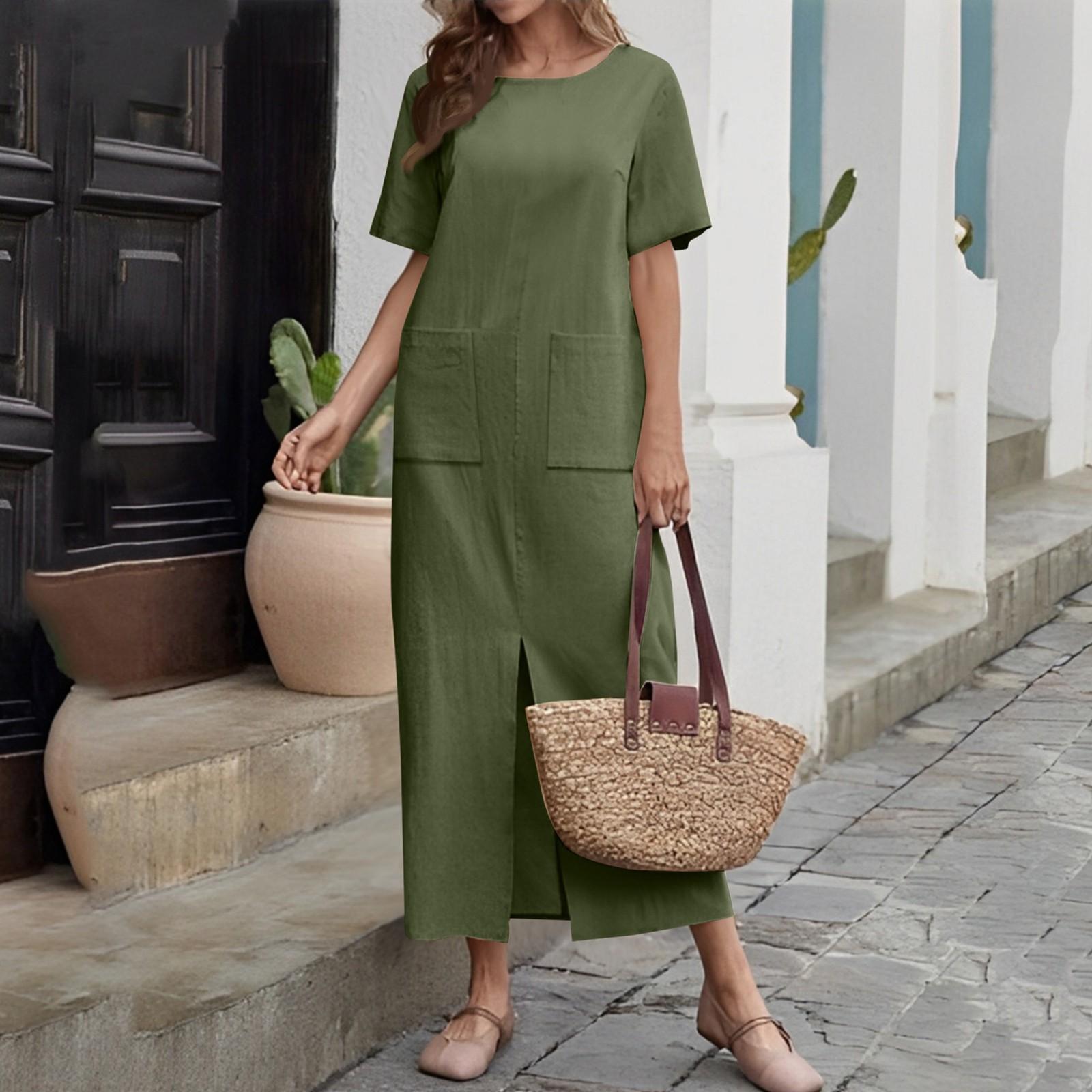 

Женское модное платье из хлопка и льна, однотонное, свободное, с круглым вырезом и коротким рукавом XXXL армия зеленый