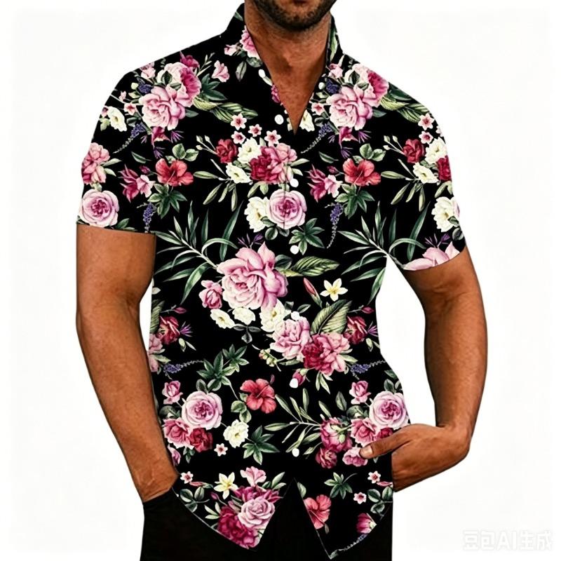 Tibet Blau Bunt Blume Schwarz Basis Rose Kurzarm Retro Große Blume Locker Hawaiianisches Hemd
