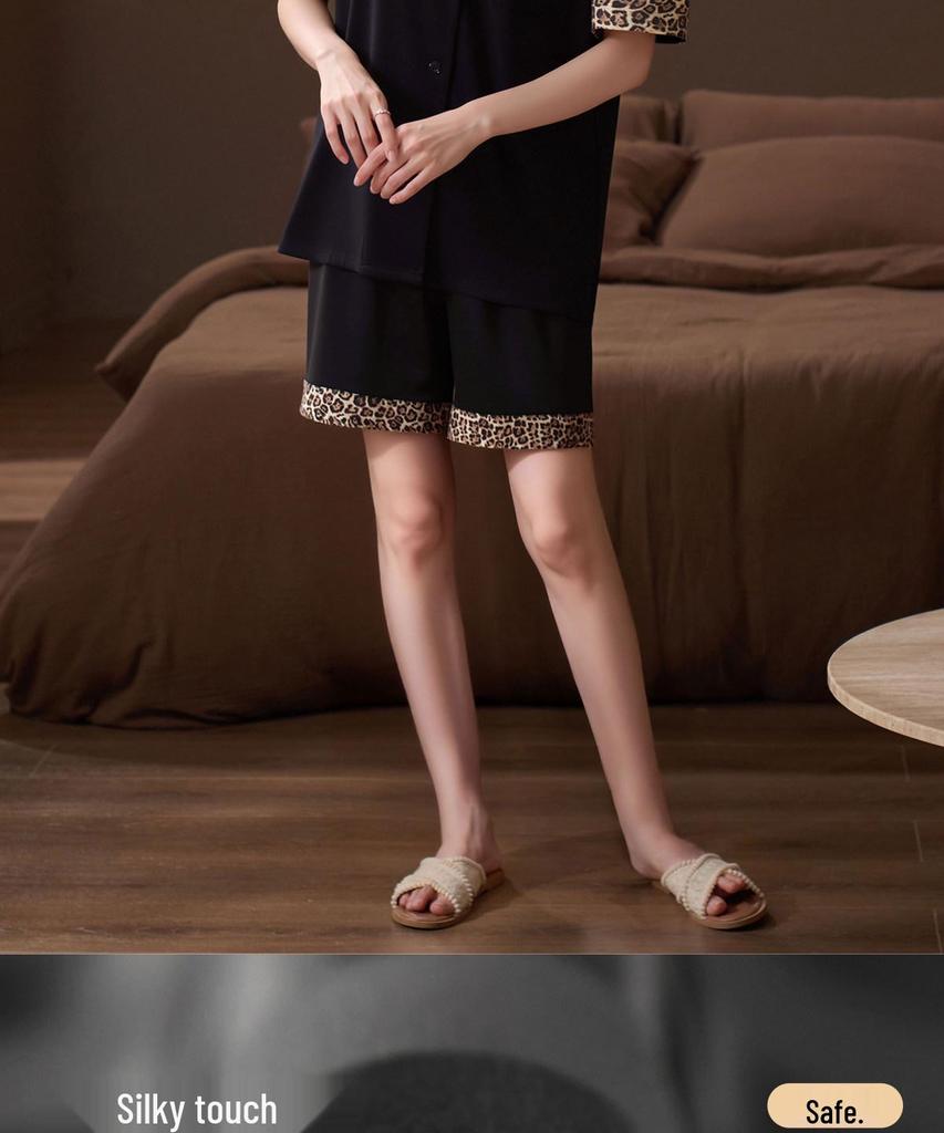 Women's Summer Leopard Print Silk Pajama Set: Short Sleeve & Shorts