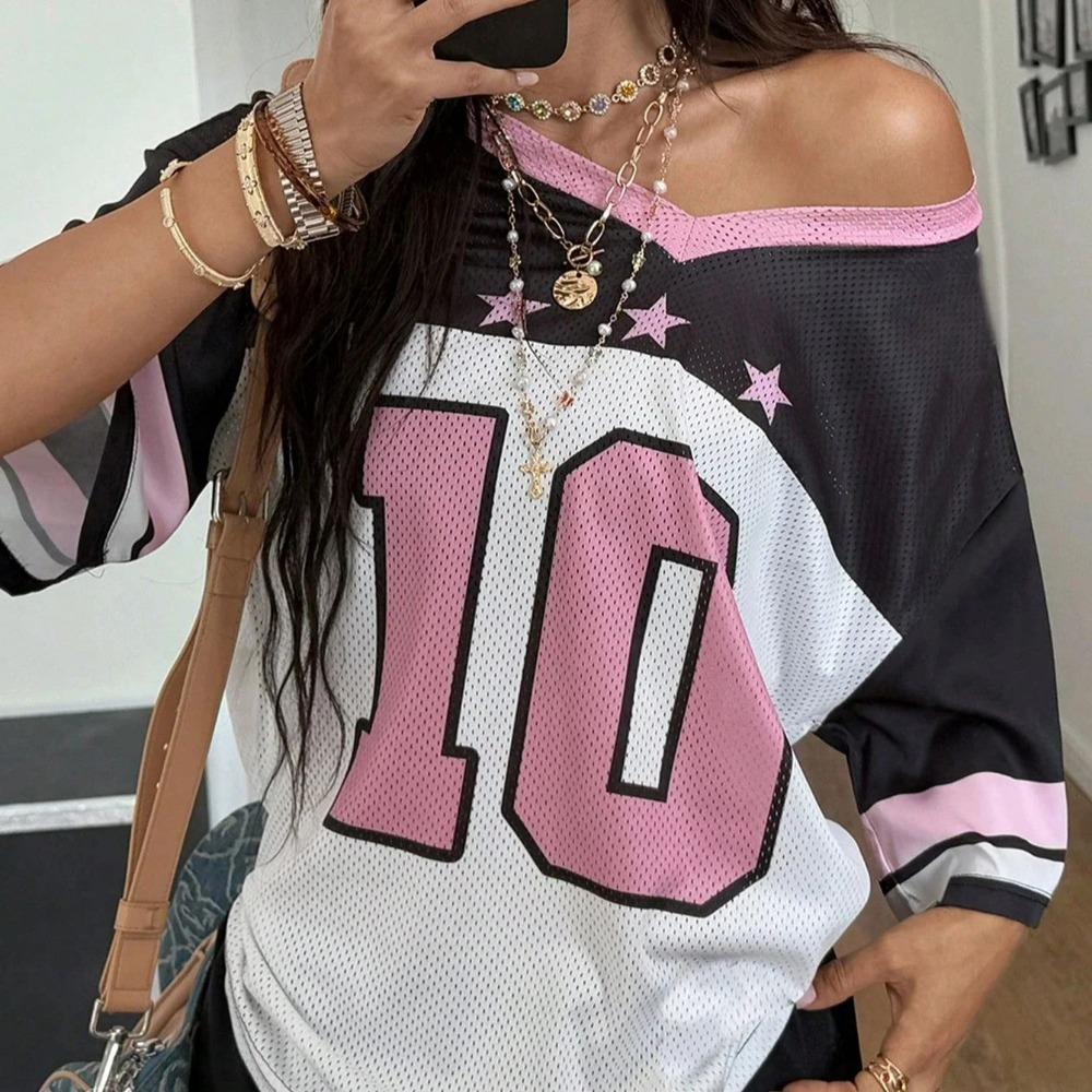 Women s NO.10 Printed V-neck Short Sleeved Mesh T-shirt Summer Baseball Shirt Plus Size Men s and Women s Sports T-shirt S