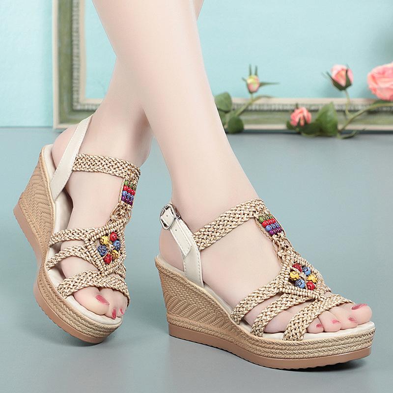 Women's Summer New Style Wedge Heel Platform Fashion Bohemian Ethnic Style Roman High-Heeled Leather Sandals