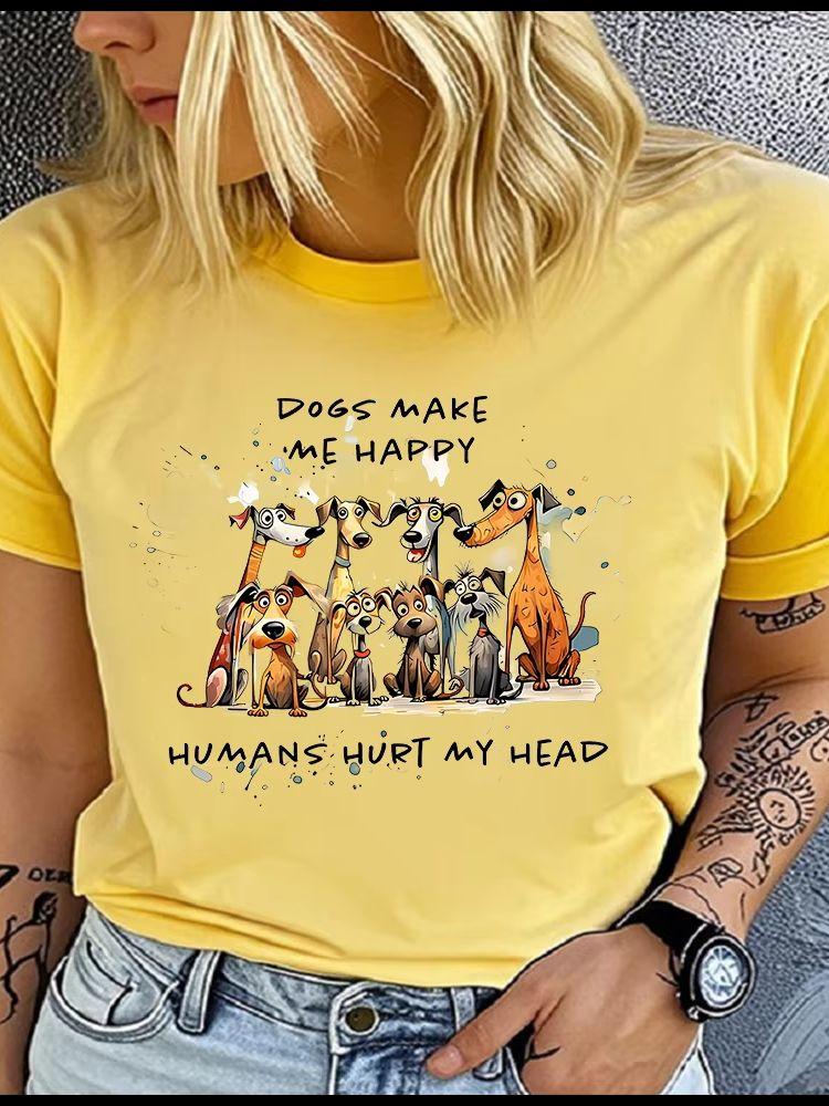 Unisex 100% Polyester Summer Top DOGS MAKE ME HAPPY Print Loose round Neck Short Sleeve Fashion for Lovers