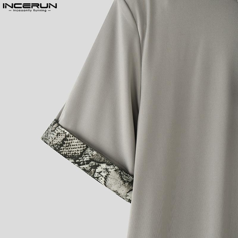 INCERUN Mens Tie Up Short Sleeve Leopard Stitching Casual T-shirts Tops