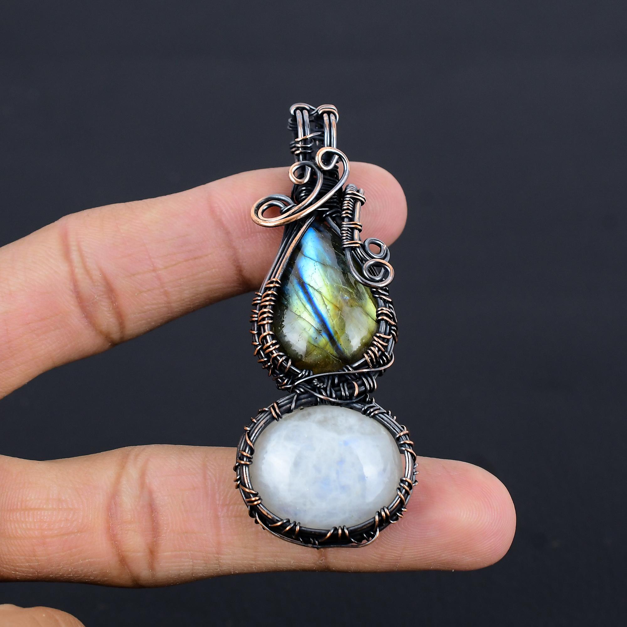 

Labradorite & Moonstone Pendant, Handmade Gemstone 999 Copper Wire Wrapped Pendant Antique Jewelry, For Gift Silver Jewelry 2.55 Inches