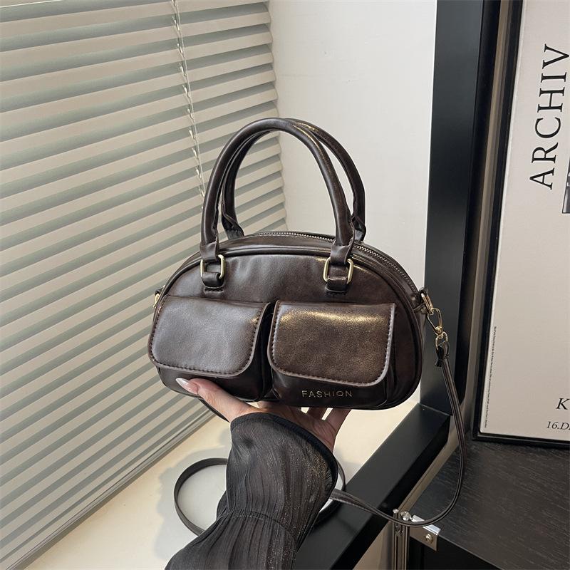 Autumn Retro Double Pocket Design Shoulder Bowling Bags for Women Solid Color Ladies Crossbody Bag Simple Female Pu Handbags