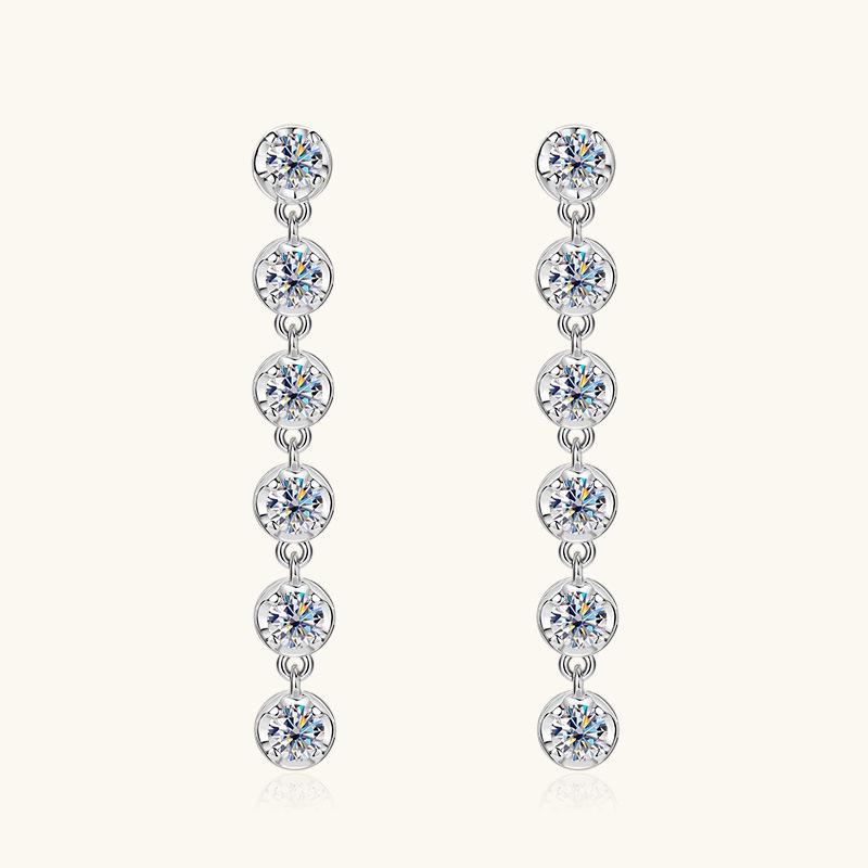 European & American Style Moissanite Tassel Stud Earrings for Women, S925 Sterling Silver Round Jewelry