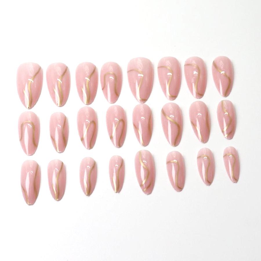 Glänzende Goldwellenmuster Mandelrosa Nägel - 24 Stück Tragbare Nagelkunst