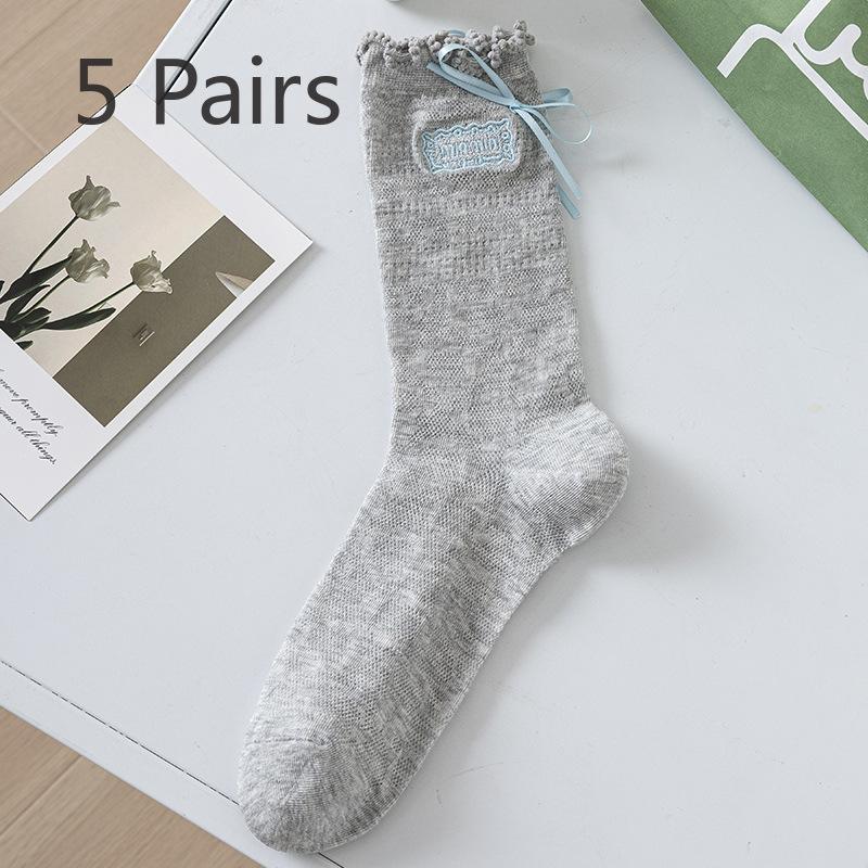 5 Pairs of Women's Summer Thin Lace Lace Embroidered Bow Baley Wind Tube Socks
