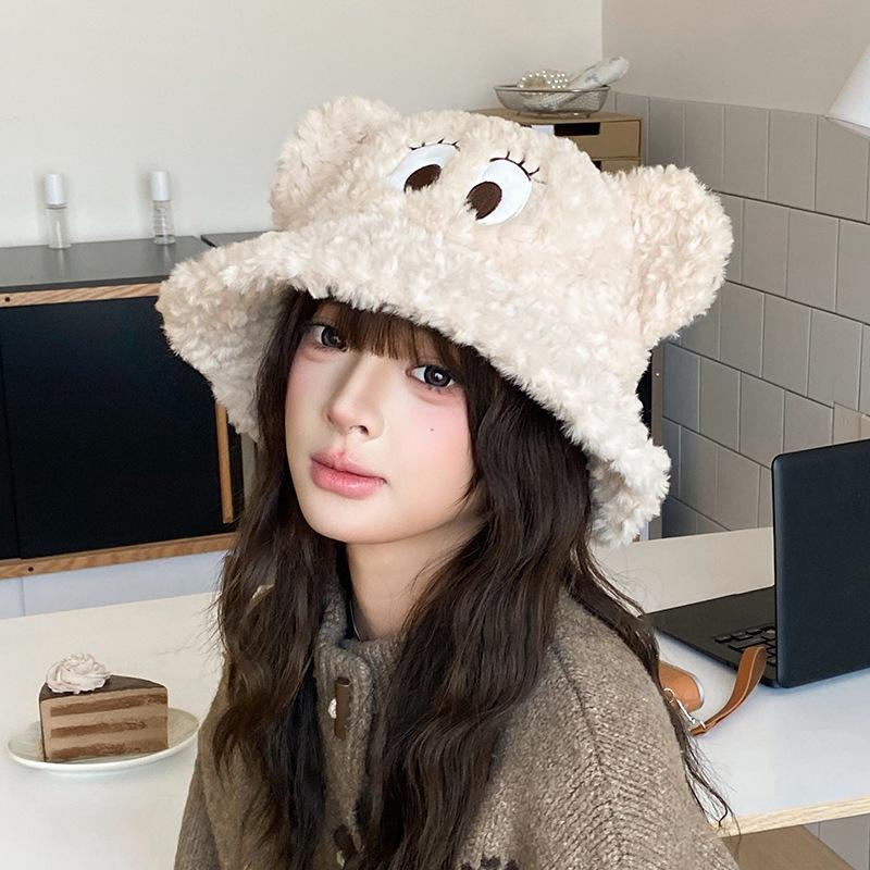Cute funny big eyes plush hat women autumn and winter thickened thermal basin hat big head circumference cartoon couple bucket hat
