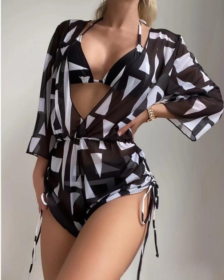 New long-sleeved three-piece mesh waist drawstring printed split bikini swimsuit
