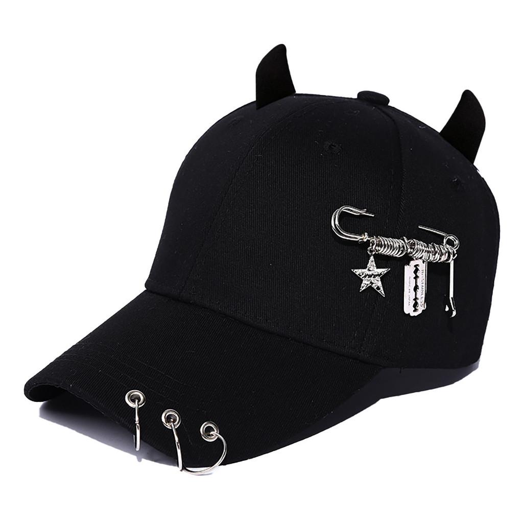 Streetwear Cool Cowhorn Baseball Cap With Metal Ring Embellishments For Urban Style