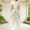 Women Plus Size Round Neck Short Sleeve White Printed Loose Maxi Dress With Side Pockets