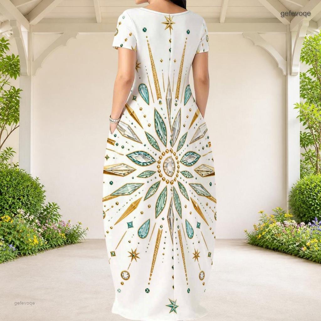 Women Plus Size Round Neck Short Sleeve White Printed Loose Maxi Dress With Side Pockets
