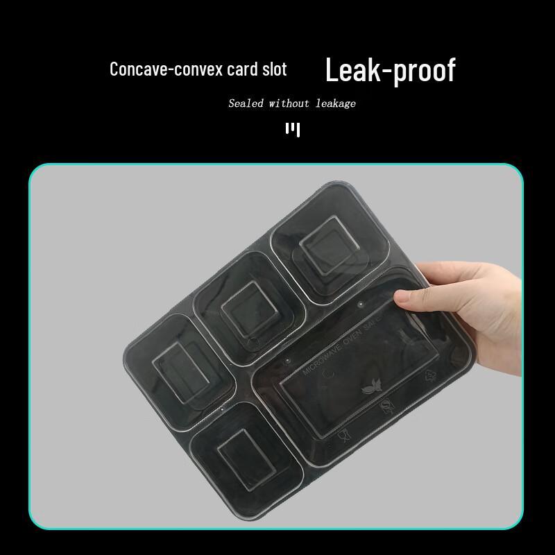 Thickened Food-Grade 1200ml 5-Compartment Disposable Lunch Boxes, 150 Black Sets