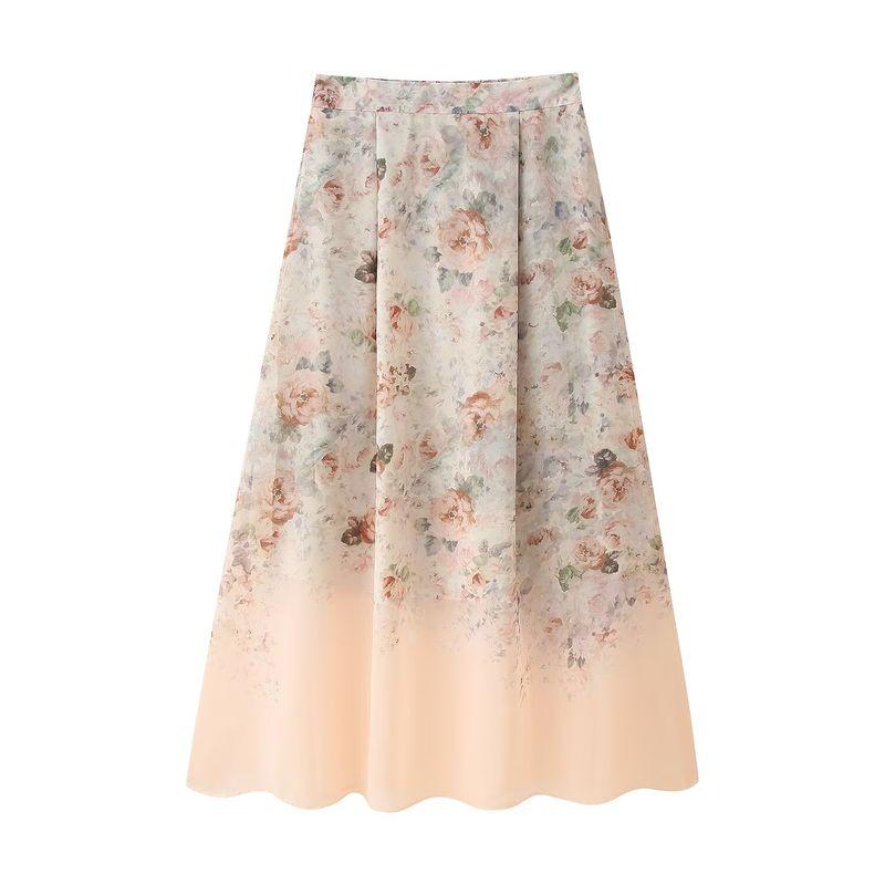 

Kaslead Новая женская одежда Западный стиль Мода Стойка воротник Цветочный принт Рукав три четверти Рубашки Юбка Skirt L