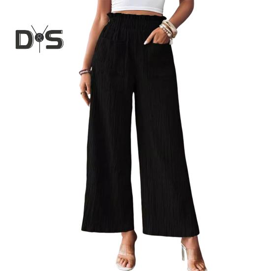 Women Summer Pants Elastic High Waist Casual Trousers with Pockets Solid Color Wrinkles Loose Fit Pants
