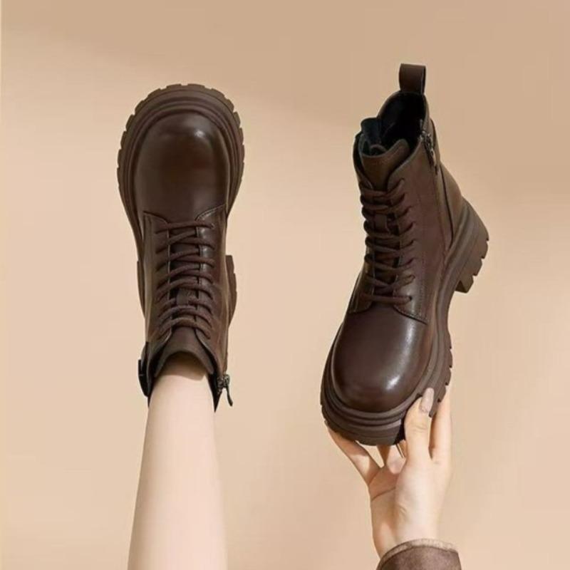 Fashion Block Heel Side Zipper Short Thigh Boots Autumn New Round Toe Lace-Up Front Platform Anti-Slip Wear-Resistant Mid-Heel Boots