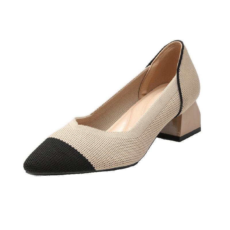 Flying woven single shoes women's medium heel high heel versatile breathable soft sole thick heel pointed head spring and autumn knitting