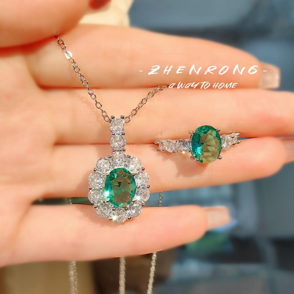 Luxury Women Jewelry Set Simulated Paraiba Tourmaline Pendant Elegant Maldives Green Diamond Ring Necklace