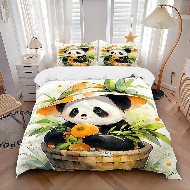 3pcs Adorable Panda & Persimmon Printed Quilt Set - Includes 1 Quilt Cover and 2 Pillowcases, Machine Washable - Suitable for All Seasons.M003