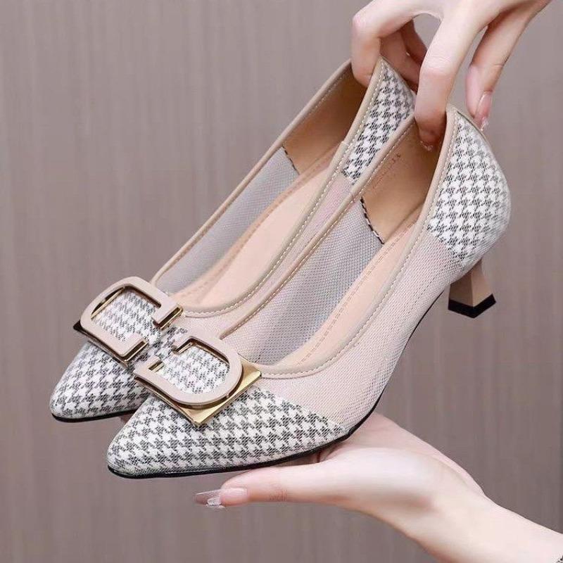 Fashion Women High Heels Pumps Pointed Toe Shallow Heels Women Chunky Heels Slip-on Office Work Shoes Women Fashion Mesh Designer Shoes