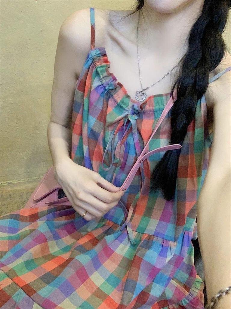 Korean Rainbow Plaid Suspender Dress - Women's Summer Sweet Loose Fit